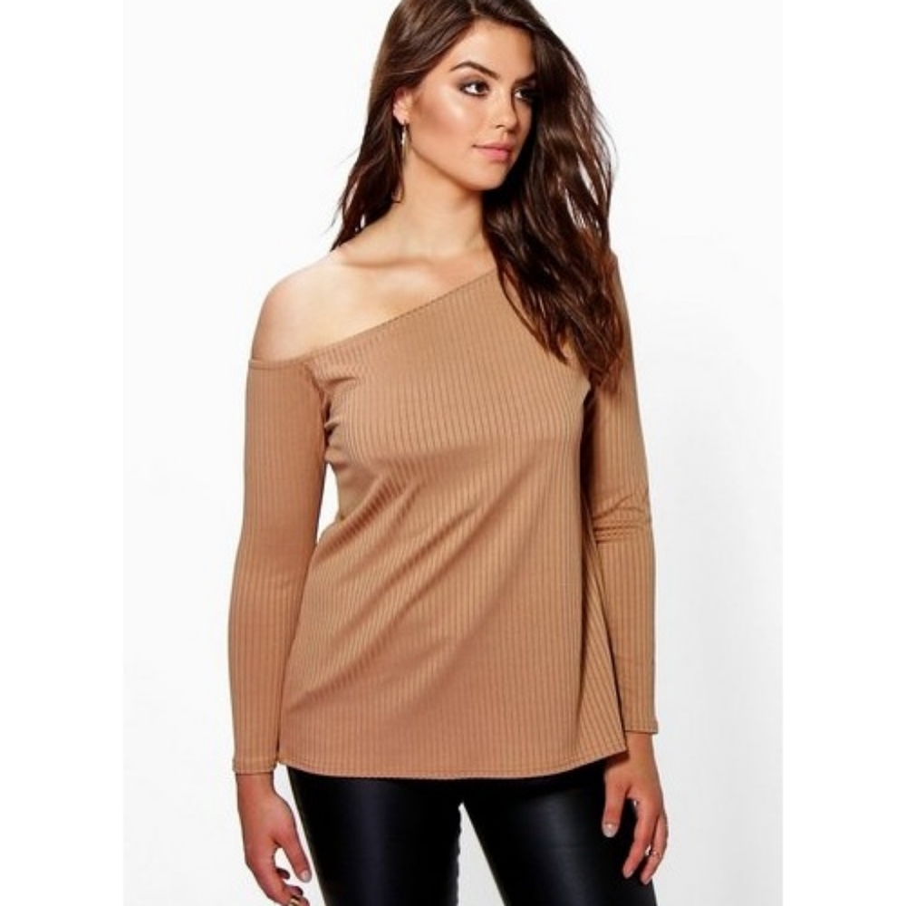 Boohoo Kelly Top Off Shoulder Tan Ribbed Plus Trendy Sexy Neutral Chic Boho